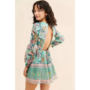 Anthro Raga Botanic Enchantment Long Sleeve Mini Dress Green Metallic Floral M‎